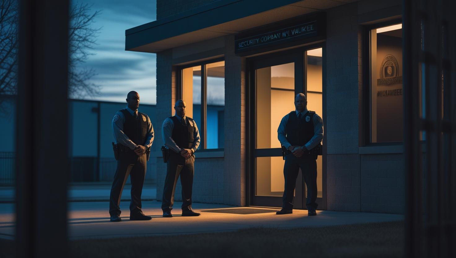 Three Reyes World Security & Investigations officers at dusk, Milwaukee security company.